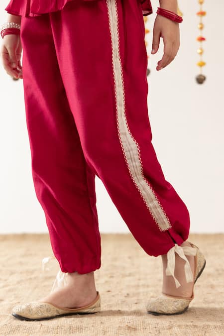 Shop_Risa Dreamworld_Off White Chanderi Embroidery, Lace, Tassels Rasbhari Top And Trouser Set _Online_at_Aza_Fashions