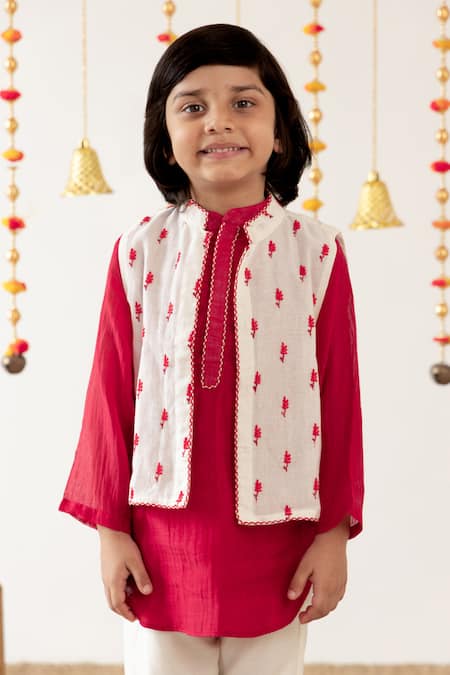 Shop_Risa Dreamworld_Red Chanderi Embroidery Butti Jacket And Pant Set _Online_at_Aza_Fashions