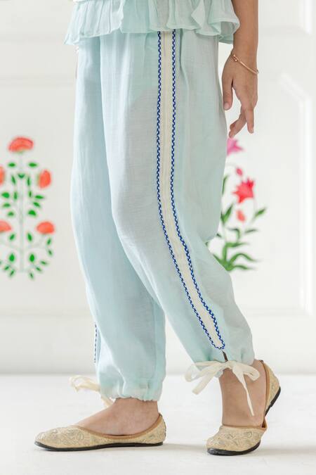 Buy_Risa Dreamworld_Off White Chanderi Embroidery, Tassels Rasbhari Top And Trouser Set _Online_at_Aza_Fashions