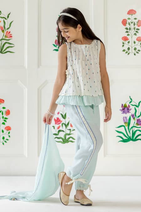 Shop_Risa Dreamworld_Off White Chanderi Embroidery, Tassels Rasbhari Top And Trouser Set _Online_at_Aza_Fashions