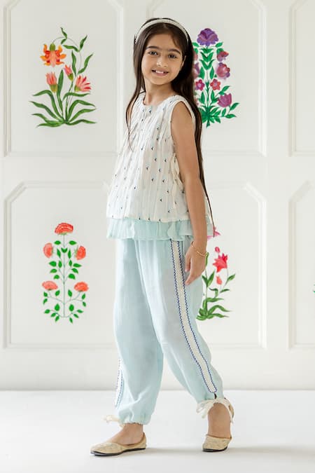 Risa Dreamworld_Off White Chanderi Embroidery, Tassels Rasbhari Top And Trouser Set _at_Aza_Fashions