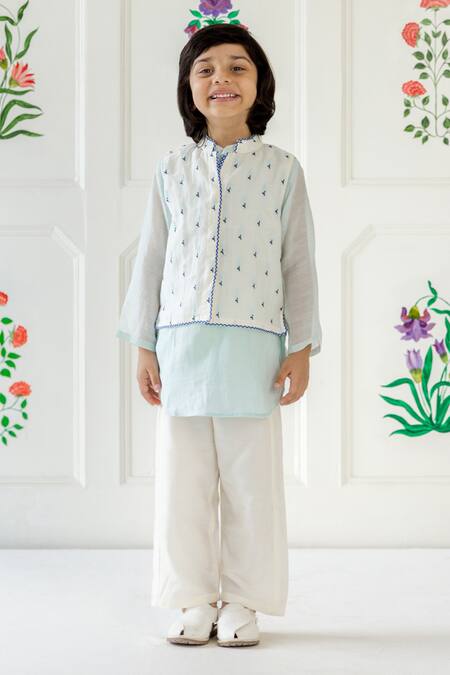 Buy_Risa Dreamworld_Sky Blue Chanderi Embroidery Butti Jacket And Pant Set _Online_at_Aza_Fashions