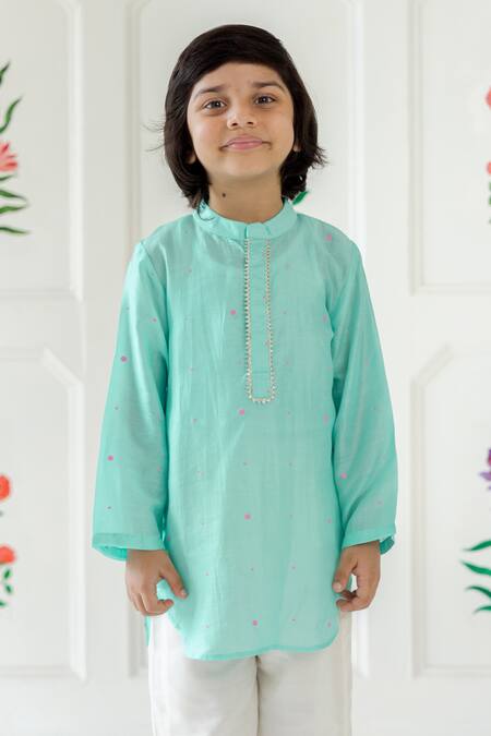 Buy_Risa Dreamworld_Aqua Muslin Embroidery Mint Kurta Set _Online_at_Aza_Fashions