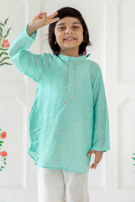 Shop_Risa Dreamworld_Aqua Muslin Embroidery Mint Kurta Set _Online_at_Aza_Fashions