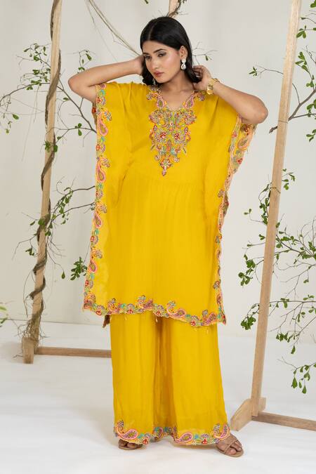 Ellemora Fashions_Mustard Georgette, Crepe Embroidery V-neck Kaftan With Palazzo_Online_at_Aza_Fashions