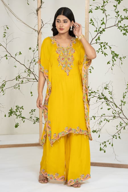 Buy_Ellemora Fashions_Mustard Georgette, Crepe Embroidery V-neck Kaftan With Palazzo_Online_at_Aza_Fashions