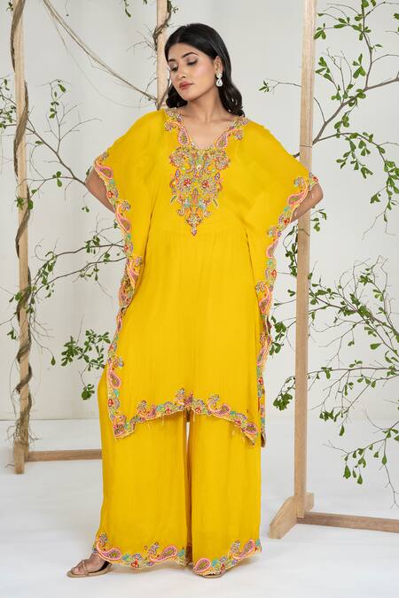 Ellemora Fashions_Mustard Georgette, Crepe Embroidery V-neck Kaftan With Palazzo_at_Aza_Fashions