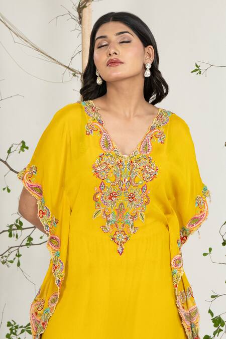 Buy_Ellemora Fashions_Mustard Georgette, Crepe Embroidery V-neck Kaftan With Palazzo