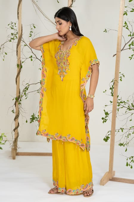 Shop_Ellemora Fashions_Mustard Georgette, Crepe Embroidery V-neck Kaftan With Palazzo