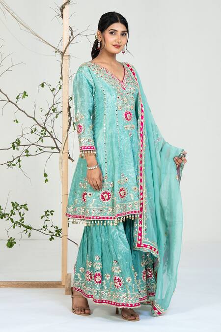 Shop_Ellemora Fashions_Turquoise Chanderi Silk Embroidery, Mirrors V-neck Work Kurta Set _Online_at_Aza_Fashions