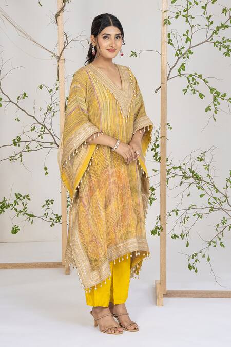 Buy_Ellemora Fashions_Yellow Georgette, Crepe Lace, Embroidery, Pearls V-neck Work Kaftan With Pant _Online_at_Aza_Fashions