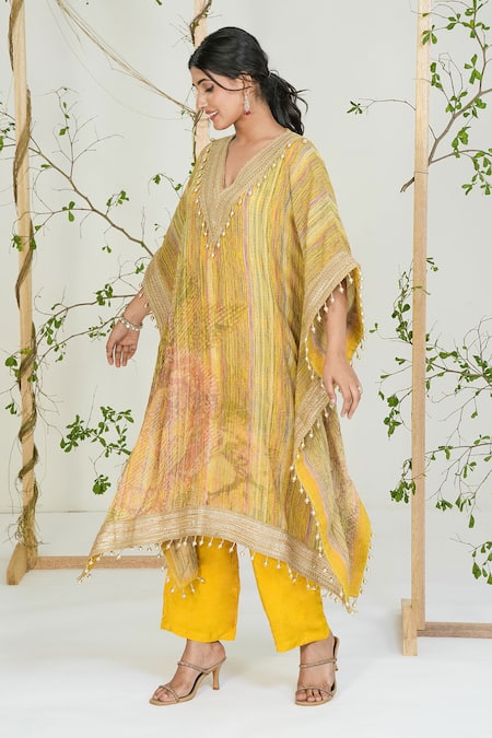 Shop_Ellemora Fashions_Yellow Georgette, Crepe Lace, Embroidery, Pearls V-neck Work Kaftan With Pant _Online_at_Aza_Fashions