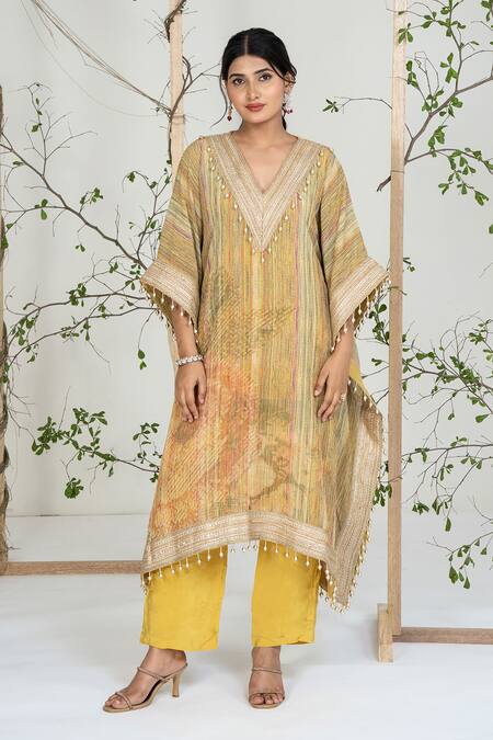 Ellemora Fashions_Yellow Georgette, Crepe Lace, Embroidery, Pearls V-neck Work Kaftan With Pant _at_Aza_Fashions