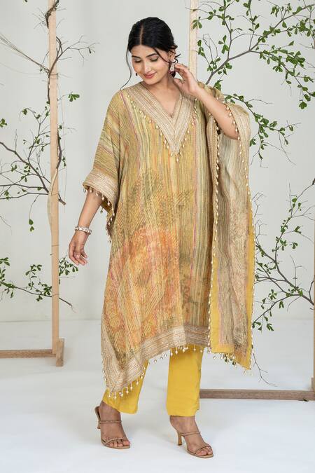 Buy_Ellemora Fashions_Yellow Georgette, Crepe Lace, Embroidery, Pearls V-neck Work Kaftan With Pant 