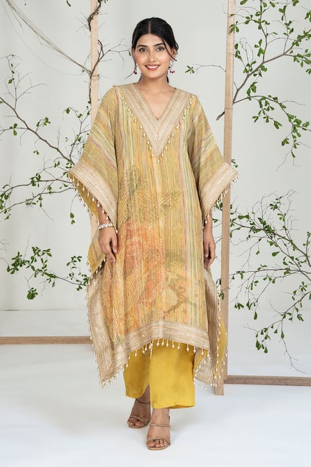 Ellemora Fashions Yellow Georgette, Crepe Lace, Embroidery, Pearls V-neck Work Kaftan With Pant 