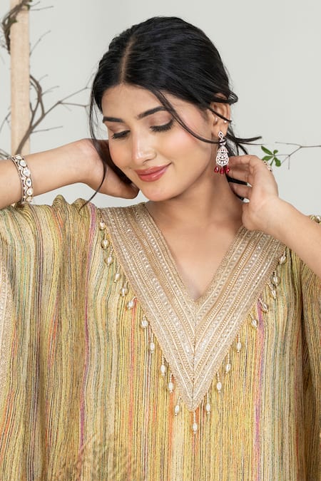 Shop_Ellemora Fashions_Yellow Georgette, Crepe Lace, Embroidery, Pearls V-neck Work Kaftan With Pant 