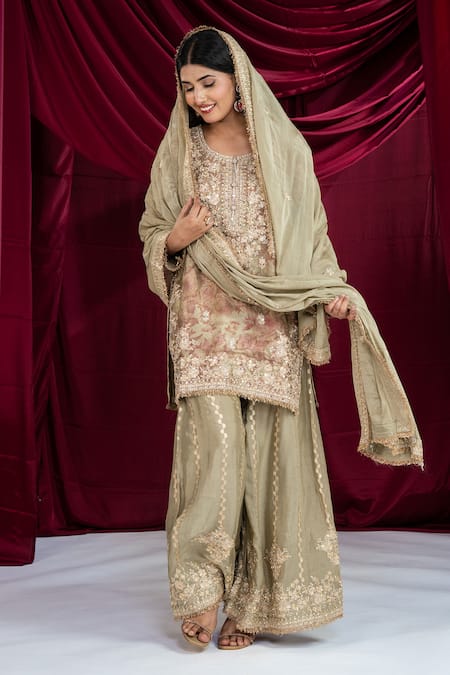 Buy_Ellemora Fashions_Green Crepe Embroidery, Sequins, Zari Round Neck Kurta Sharara Set _Online_at_Aza_Fashions