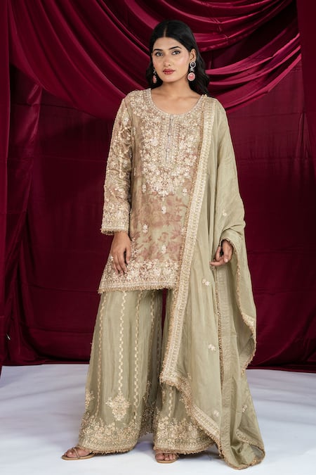 Shop_Ellemora Fashions_Green Crepe Embroidery, Sequins, Zari Round Neck Kurta Sharara Set _Online_at_Aza_Fashions