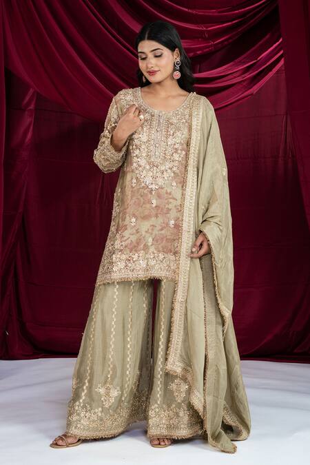 Ellemora Fashions_Green Crepe Embroidery, Sequins, Zari Round Neck Kurta Sharara Set _at_Aza_Fashions