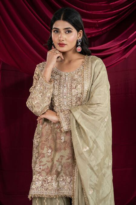 Buy_Ellemora Fashions_Green Crepe Embroidery, Sequins, Zari Round Neck Kurta Sharara Set 