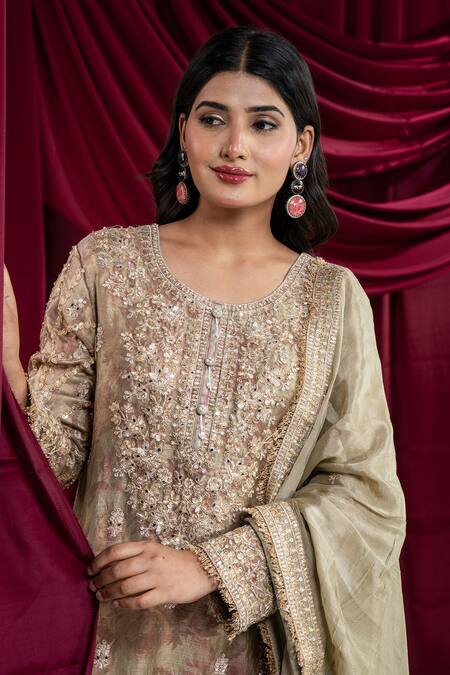 Shop_Ellemora Fashions_Green Crepe Embroidery, Sequins, Zari Round Neck Kurta Sharara Set 