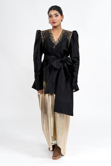 Ellemora Fashions Black Taffeta Sequins V-neck Bow Applique Top With Skirt 