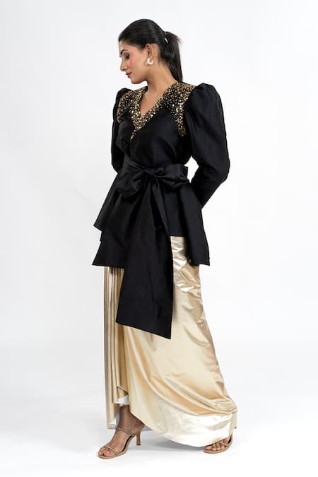 Ellemora Fashions_Black Taffeta Sequins V-neck Bow Applique Top With Skirt _Online_at_Aza_Fashions