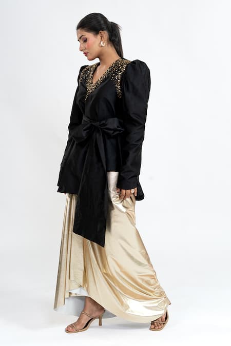 Buy_Ellemora Fashions_Black Taffeta Sequins V-neck Bow Applique Top With Skirt _Online_at_Aza_Fashions