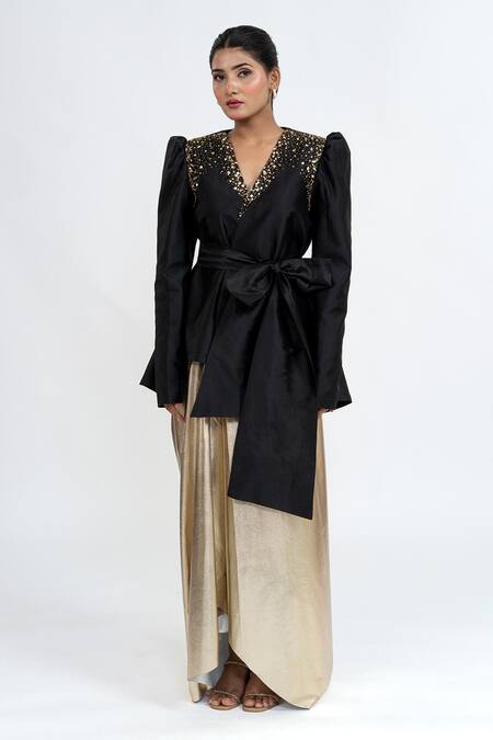 Shop_Ellemora Fashions_Black Taffeta Sequins V-neck Bow Applique Top With Skirt _Online_at_Aza_Fashions