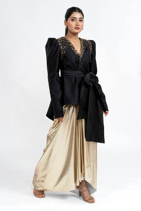 Ellemora Fashions_Black Taffeta Sequins V-neck Bow Applique Top With Skirt _at_Aza_Fashions