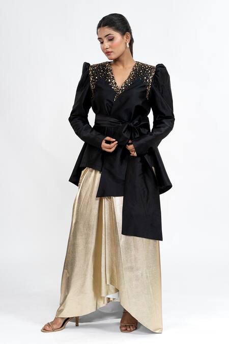 Buy_Ellemora Fashions_Black Taffeta Sequins V-neck Bow Applique Top With Skirt 