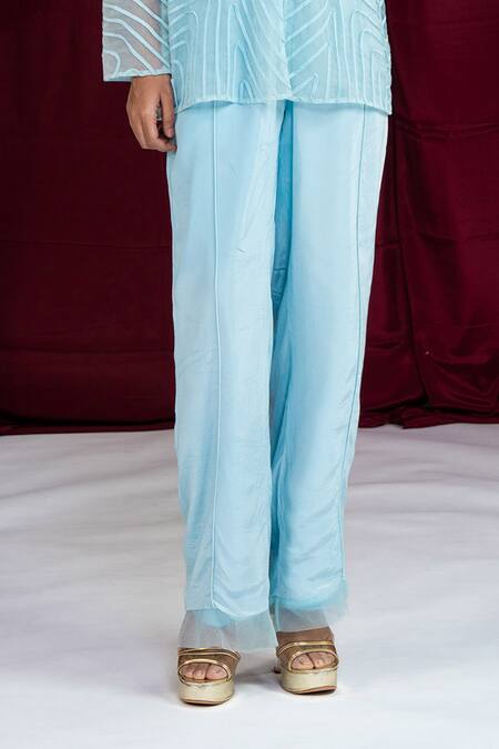 Buy Ellemora Fashions Sky Blue Crepe Embroidery Collared, V-neck Frosted Top With Pant Online at Aza Fashions Buy_Ellemora Fashions_Sky Blue Crepe Embroidery Collared, V-neck Frosted Top With Pant _Online_at_Aza_Fashions