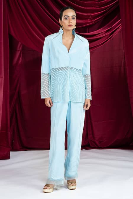 Shop Ellemora Fashions Sky Blue Crepe Embroidery Collared, V-neck Frosted Top With Pant Online at Aza Fashions Shop_Ellemora Fashions_Sky Blue Crepe Embroidery Collared, V-neck Frosted Top With Pant _Online_at_Aza_Fashions