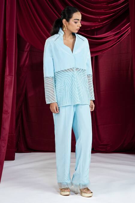 Ellemora Fashions Sky Blue Crepe Embroidery Collared, V-neck Frosted Top With Pant at Aza Fashions Ellemora Fashions_Sky Blue Crepe Embroidery Collared, V-neck Frosted Top With Pant _at_Aza_Fashions