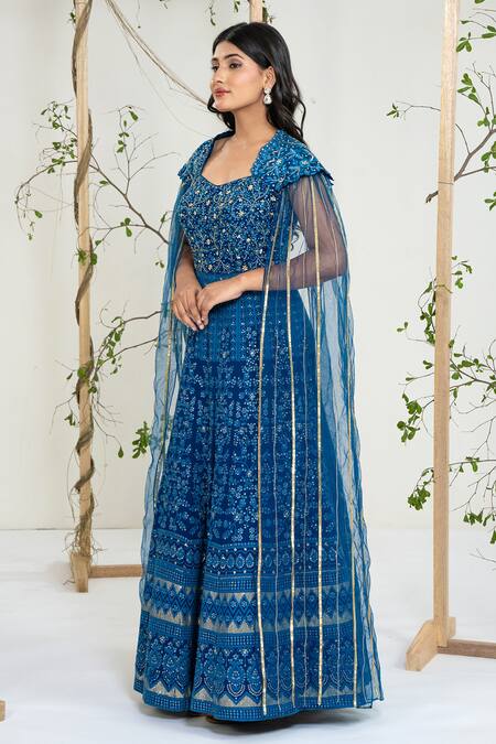 Buy_Ellemora Fashions_Blue Georgette Embroidery, Sequins, Stones Sweetheart Neck Noor-e-neel Gown _Online_at_Aza_Fashions