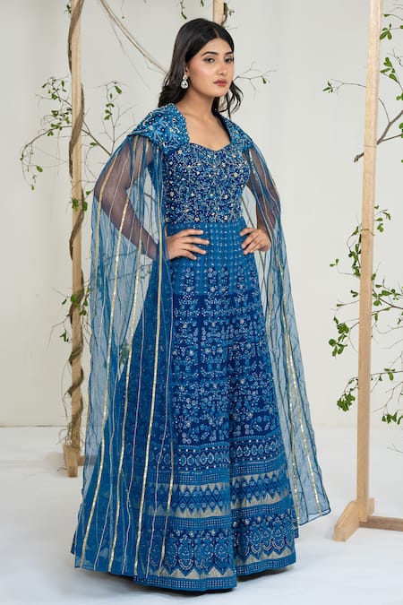 Shop_Ellemora Fashions_Blue Georgette Embroidery, Sequins, Stones Sweetheart Neck Noor-e-neel Gown _Online_at_Aza_Fashions