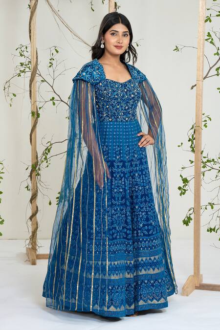 Ellemora Fashions_Blue Georgette Embroidery, Sequins, Stones Sweetheart Neck Noor-e-neel Gown _at_Aza_Fashions