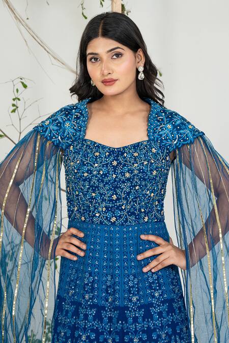 Buy_Ellemora Fashions_Blue Georgette Embroidery, Sequins, Stones Sweetheart Neck Noor-e-neel Gown 