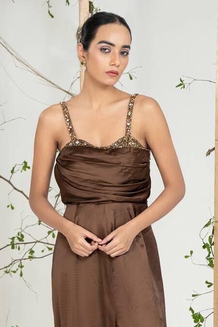 Buy_Ellemora Fashions_Brown Satin Sequins, Beads Square Neck Bronze Bloom Jumpsuit _Online_at_Aza_Fashions