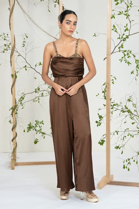 Ellemora Fashions Brown Satin Sequins, Beads Square Neck Bronze Bloom Jumpsuit 