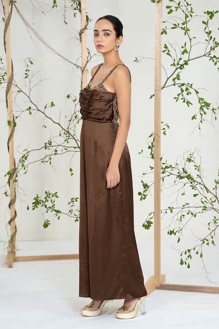 Ellemora Fashions_Brown Satin Sequins, Beads Square Neck Bronze Bloom Jumpsuit _at_Aza_Fashions