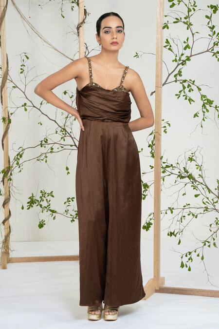 Shop_Ellemora Fashions_Brown Satin Sequins, Beads Square Neck Bronze Bloom Jumpsuit 