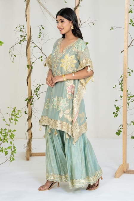 Buy_Ellemora Fashions_Blue Silk Embroidery, Gota Patti, Sequins V-neck Sapphire Grace Kaftan Set _Online_at_Aza_Fashions