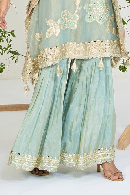 Shop_Ellemora Fashions_Blue Silk Embroidery, Gota Patti, Sequins V-neck Sapphire Grace Kaftan Set _Online_at_Aza_Fashions