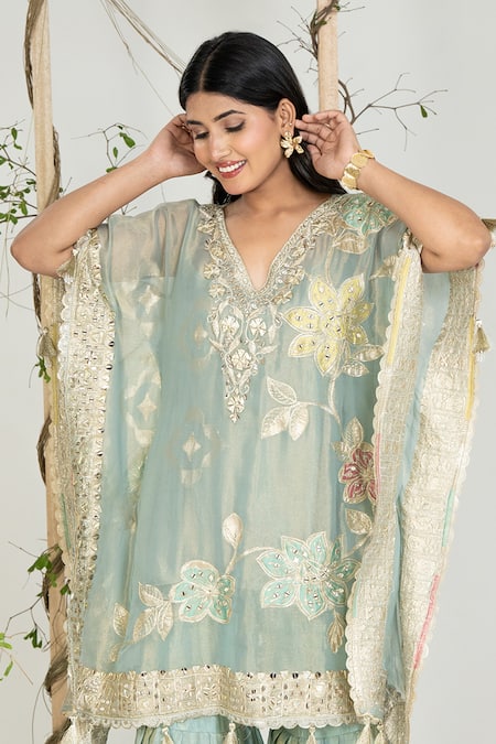 Ellemora Fashions_Blue Silk Embroidery, Gota Patti, Sequins V-neck Sapphire Grace Kaftan Set _at_Aza_Fashions