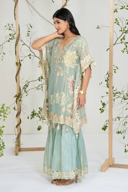 Buy_Ellemora Fashions_Blue Silk Embroidery, Gota Patti, Sequins V-neck Sapphire Grace Kaftan Set 