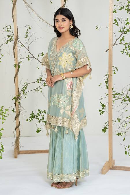 Shop_Ellemora Fashions_Blue Silk Embroidery, Gota Patti, Sequins V-neck Sapphire Grace Kaftan Set 