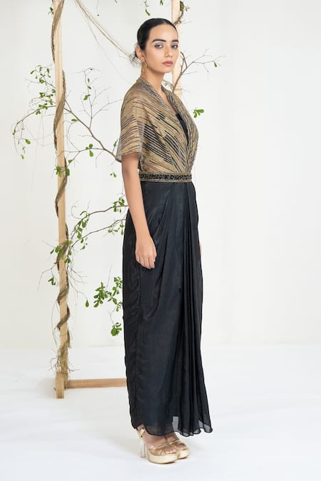 Buy_Ellemora Fashions_Black Crepe Embroidery, Beads V-neck Midnight Gold Draped Gown _Online_at_Aza_Fashions