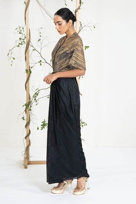 Shop_Ellemora Fashions_Black Crepe Embroidery, Beads V-neck Midnight Gold Draped Gown _Online_at_Aza_Fashions