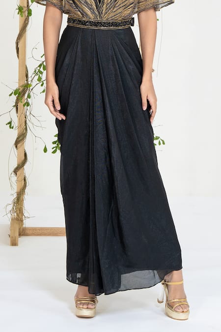 Ellemora Fashions_Black Crepe Embroidery, Beads V-neck Midnight Gold Draped Gown _at_Aza_Fashions